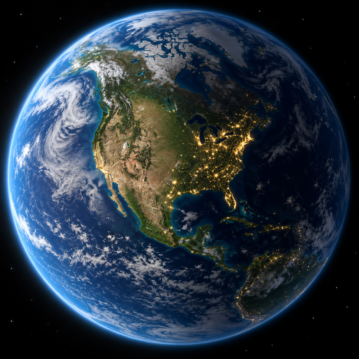 Satellite view of North America transitioning from daylight to city lights at night